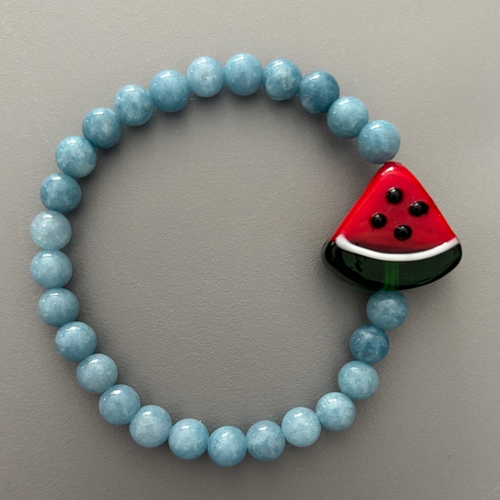 Aquamarine Stone Bracelet With Glass Watermelon Charm